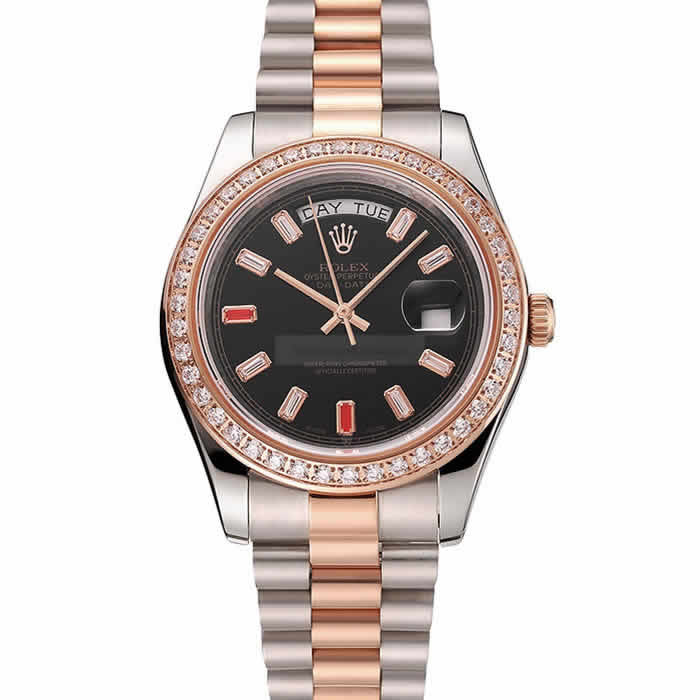 Swiss Rolex Day-Date Diamonds And Rubies Black Dial Rose Gold And Staineless Steel Bracelet 1454106