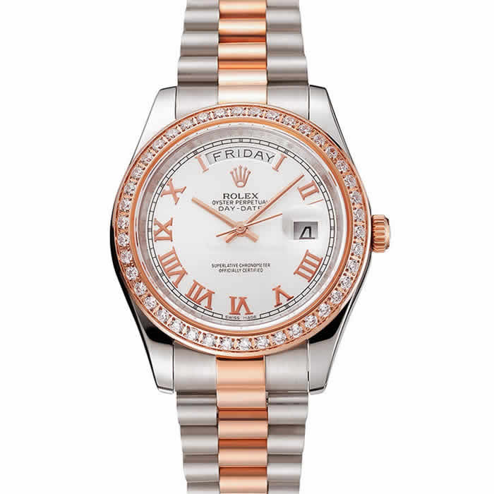 Swiss Rolex Day-Date Diamonds Bezel White Dial Rose Gold And Staineless Steel Bracelet 1454108