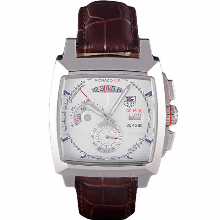 Tag Heuer Monaco Brushed Stainless Steel Case White Dial Brown Leather Strap 98173